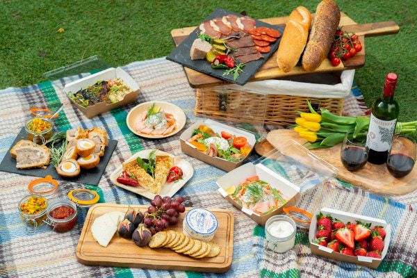 Lots of food on a picnic blanket on the grass