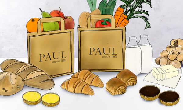 Illustration of produce including bread, pastries, and veg